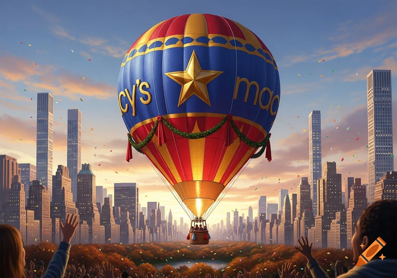 A large red, blue, and gold hot air balloon, decorated with a star and 'Macy's' text, soars above a city skyline with confetti falling and a crowd cheering below.