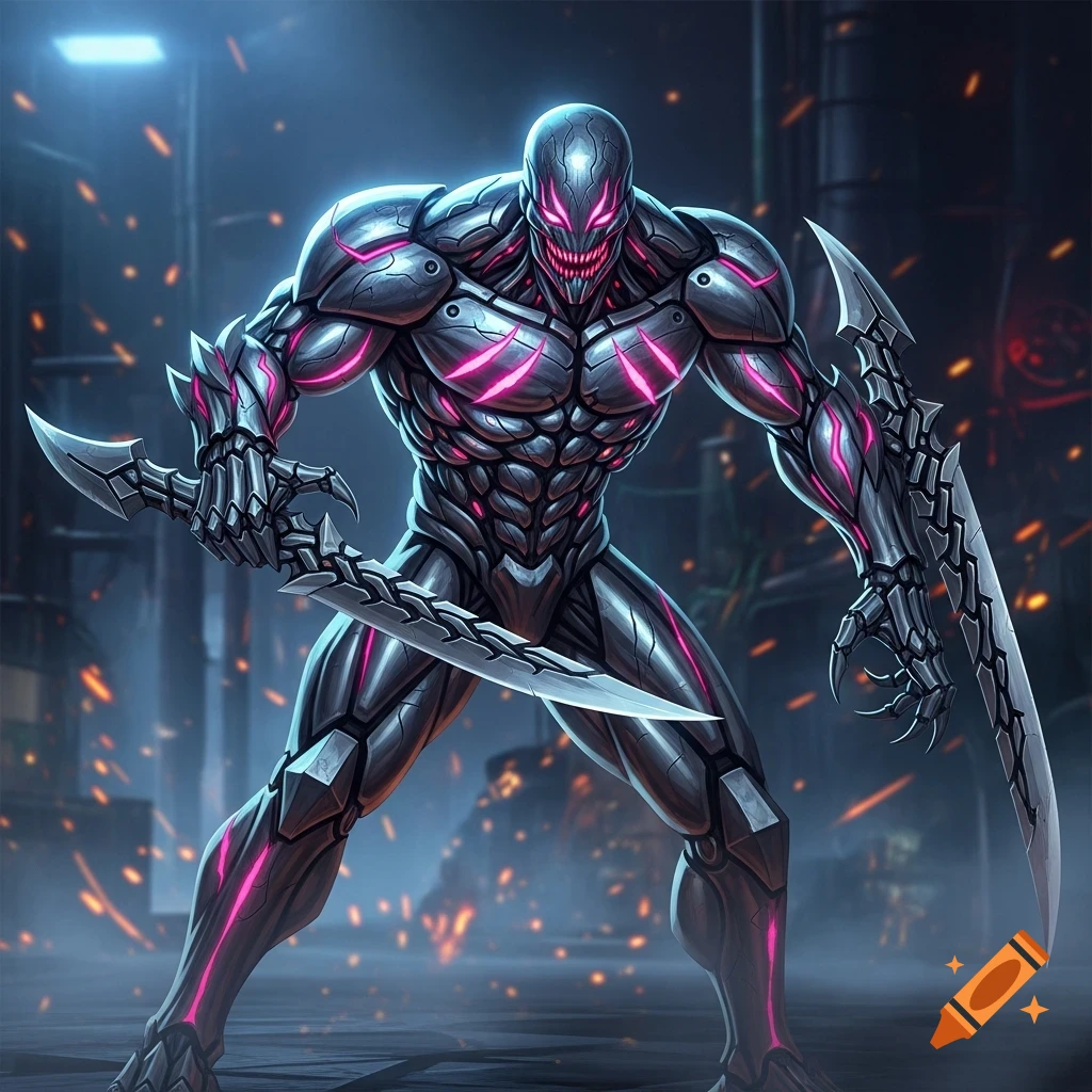A powerful, armored sci-fi executioner with glowing pink scars and ...