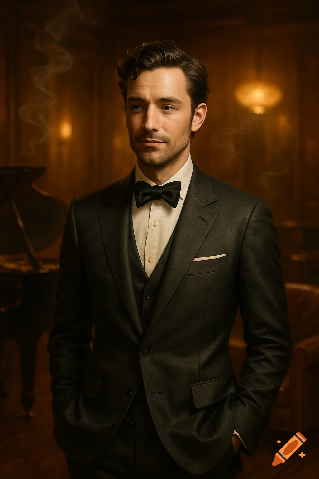 A dapper man in a dark suit and bow tie stands in a dimly lit, elegant room with a piano in the background. Photorealistic style.