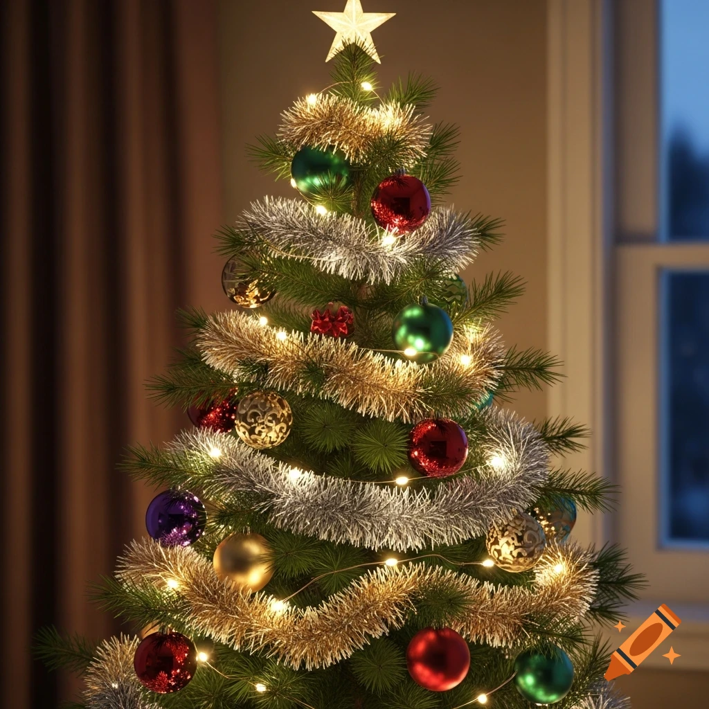 A close-up of a decorated Christmas tree with a star topper, colorful baubles, tinsel, and string lights.