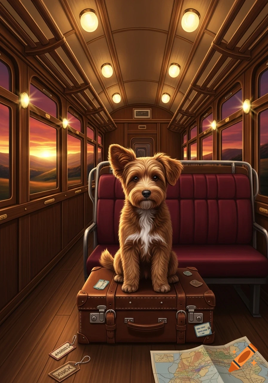 A cute brown dog sits on a suitcase in the aisle of a vintage train car, with a map and luggage tags on the floor and a sunset visible through the windows.
