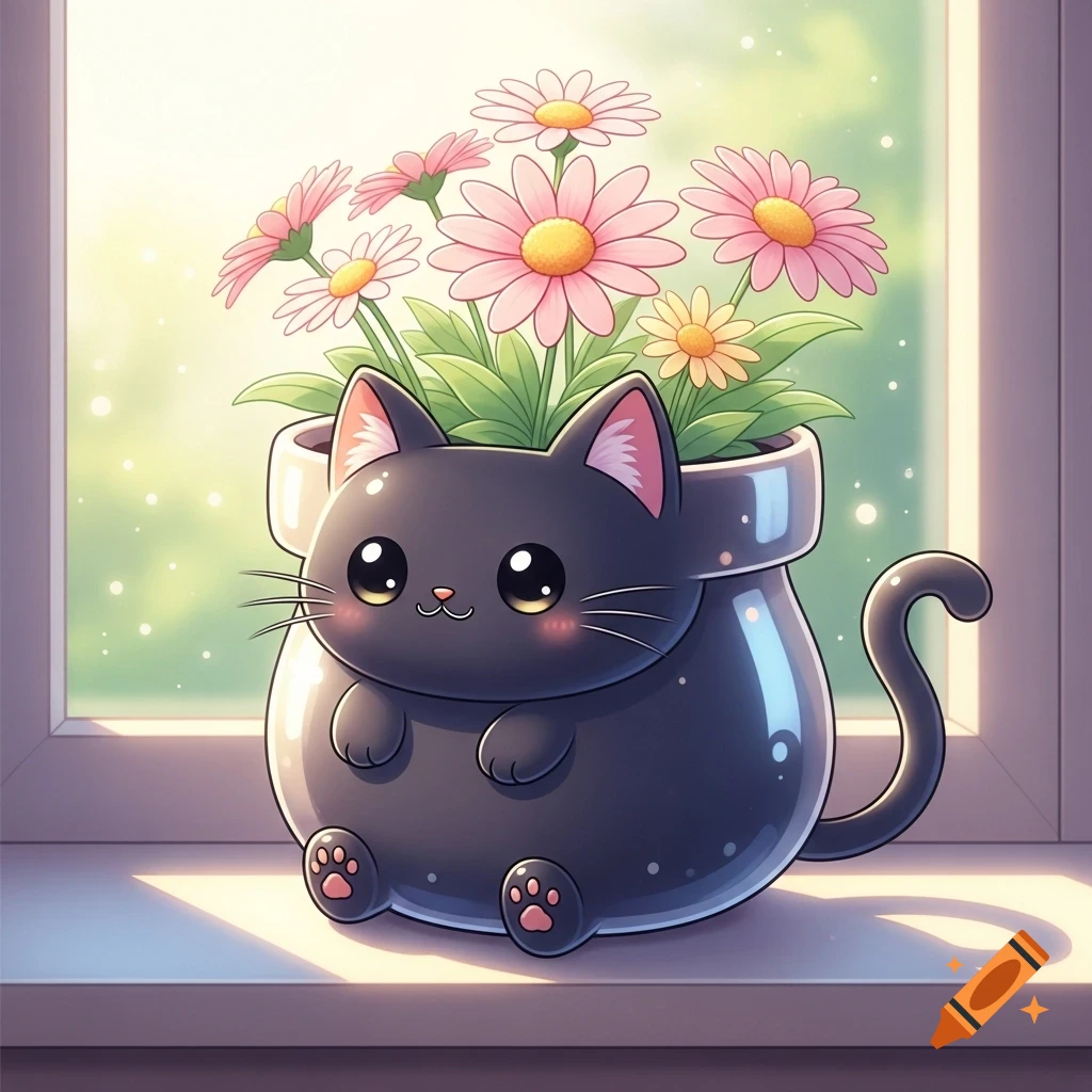 A cute kawaii black cat-shaped flower pot filled with pink and yellow daisies, sitting on a sunlit window sill.