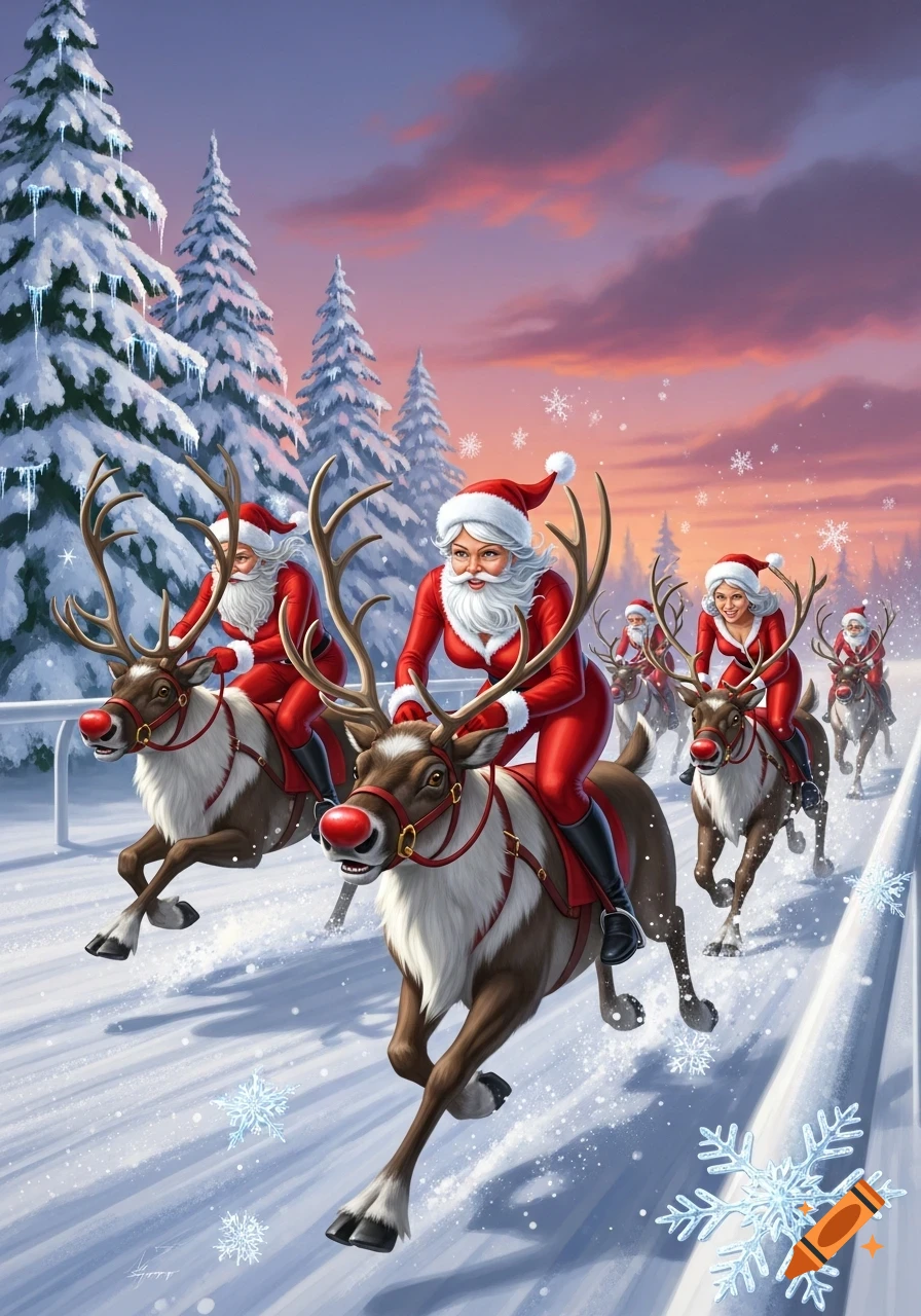 Santas (male and female) race on reindeer with red noses through a snowy forest at dusk, in an illustrative style.