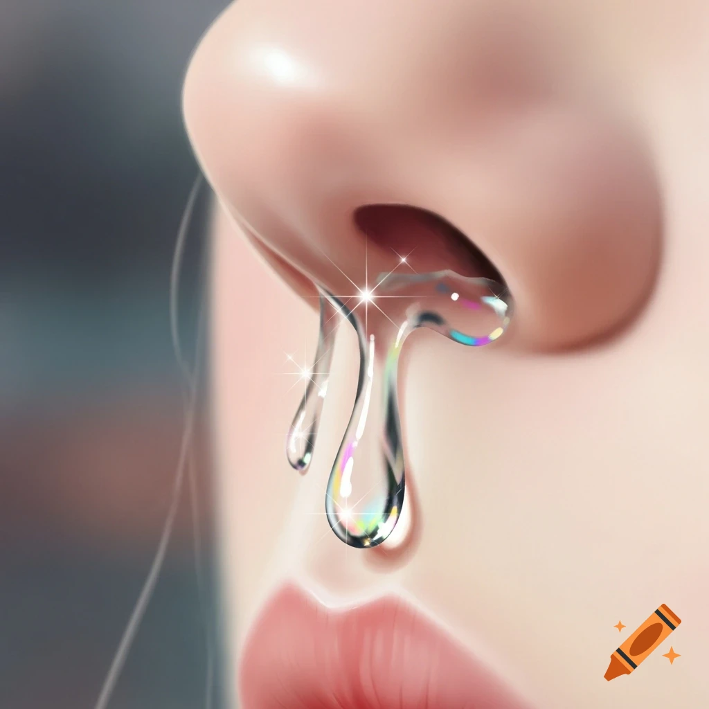 Close-up illustration of a human nose with clear, shimmering liquid dripping from the nostril, with a hint of lips below.