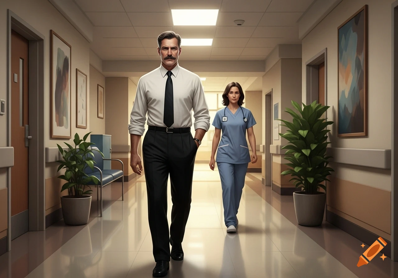 A man in a white shirt and black tie walks ahead of a woman in blue scrubs down a bright hospital hallway.
