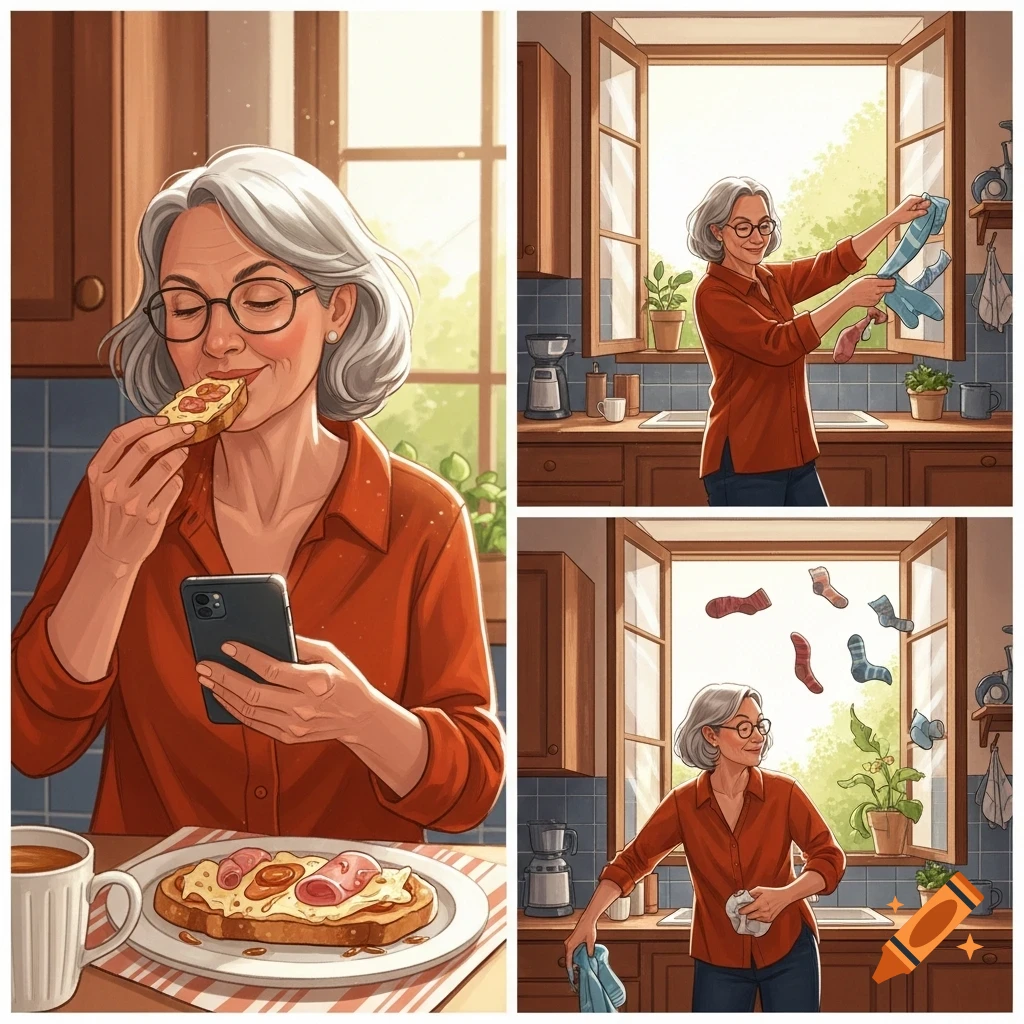 Illustration of a senior woman in a kitchen, eating toast and looking at her phone, and throwing socks out an open window.
