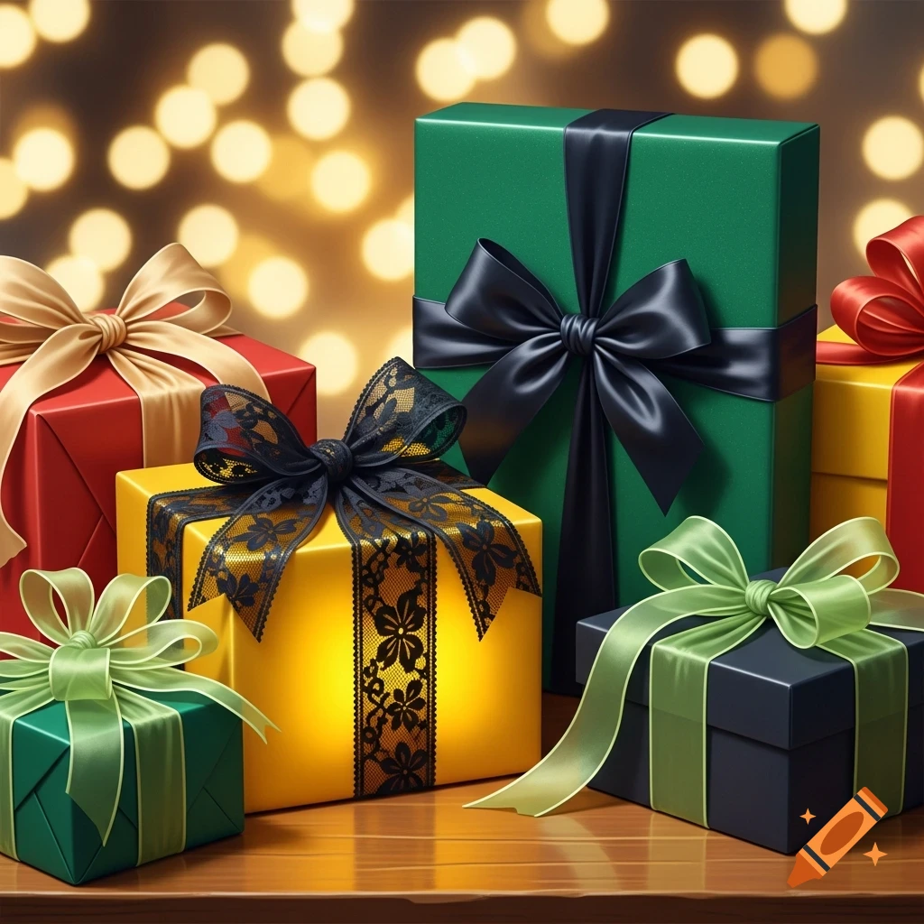 A collection of wrapped gift boxes with ribbons in red, yellow, green, and black, set against a warm, blurred bokeh background.