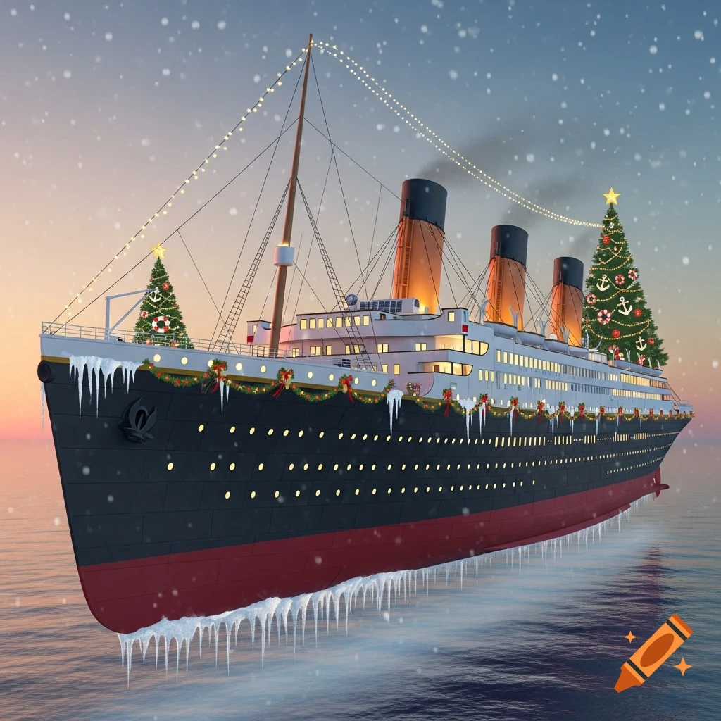 A stylized Titanic ship decorated for Christmas with lights, garlands, and trees, with icicles on its hull and snow falling.