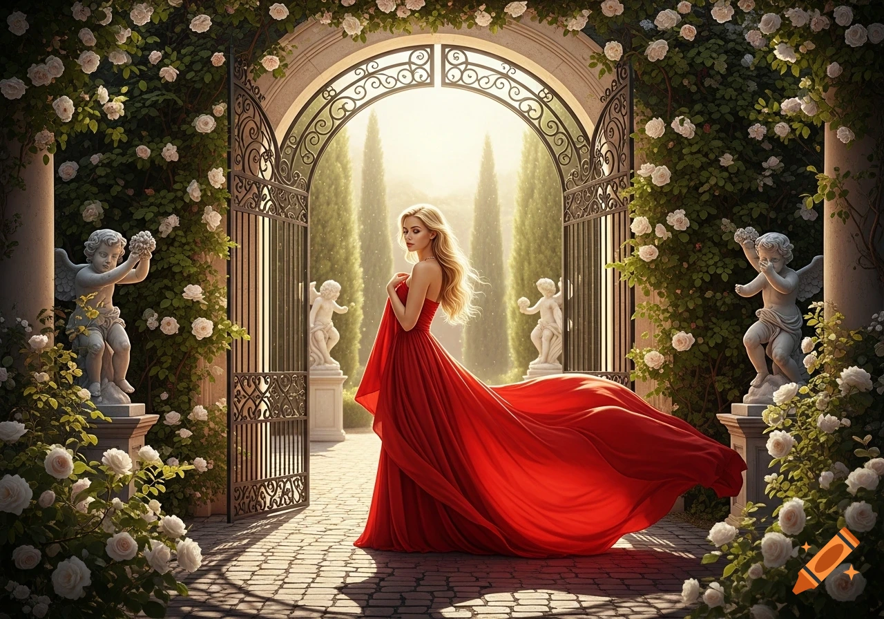 Blonde woman in a flowing red dress stands in a sunlit, ornate rose ...