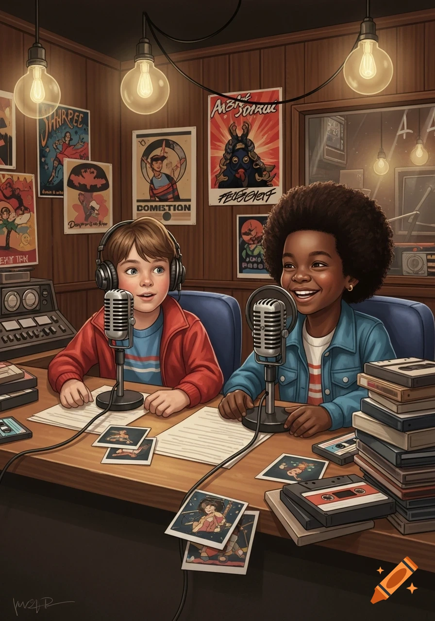 Two smiling children, a white boy and a black girl, wear headphones and sit at a desk with microphones in a retro 80s-style recording studio with many posters on the wall.