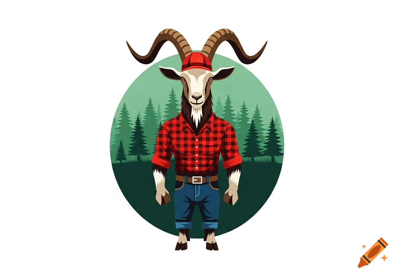 A cartoon goat wearing a red plaid lumberjack shirt, blue jeans, and a red cap stands in front of a forest scene.