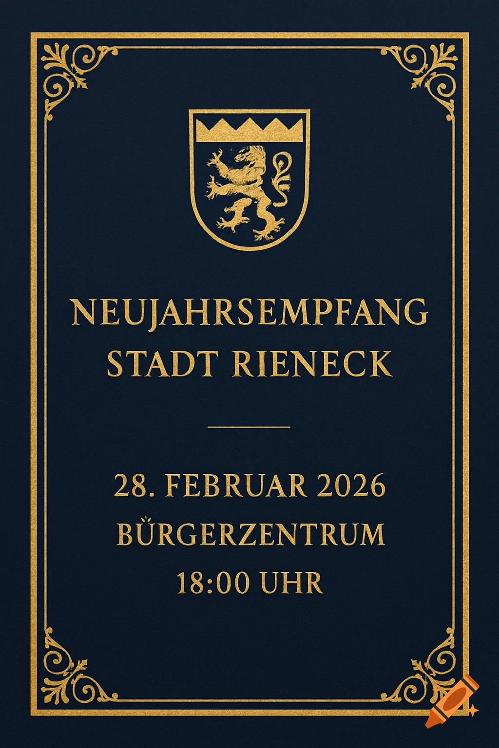 A formal New Year's Reception invitation for the City of Rieneck on a dark blue background with gold ornate borders, featuring the city's golden lion crest and event details.