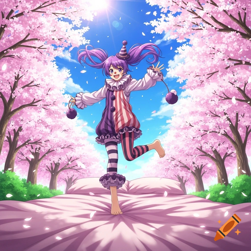 Anime clown girl with purple pigtails jumping barefoot on a bed amidst pink cherry blossom trees under a bright blue sky.