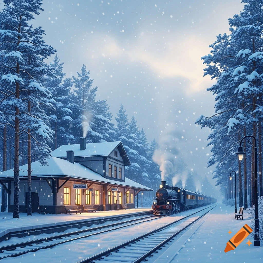 A steam train arrives at a snowy train station in a winter forest, illuminated by soft lights.