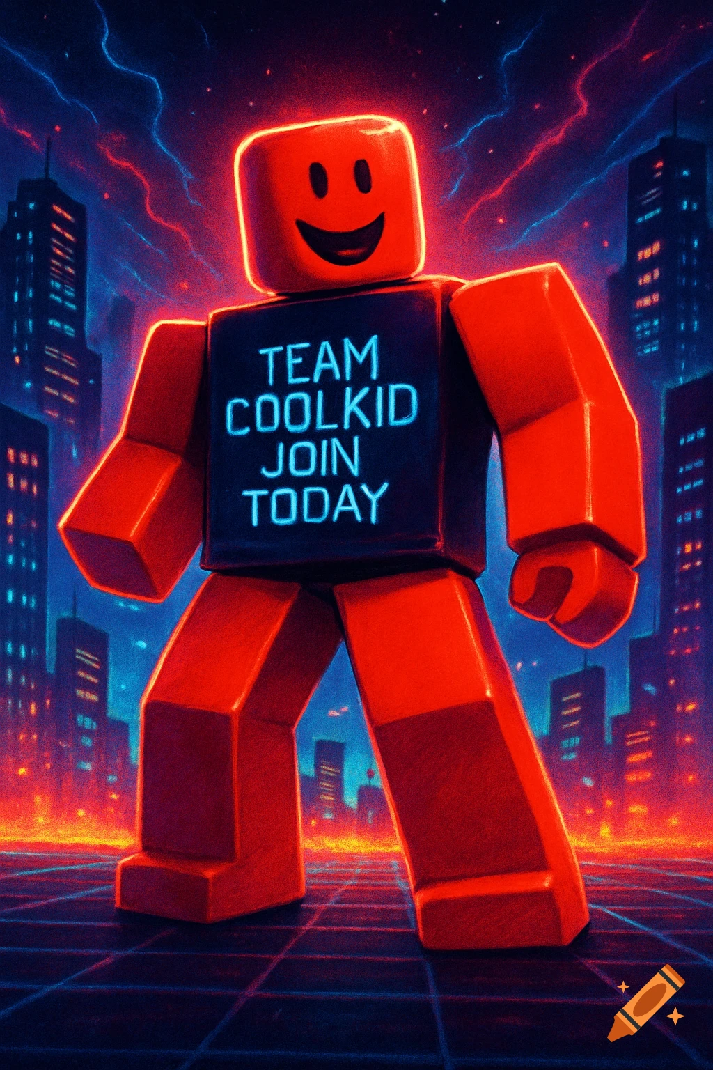 Red Roblox character with 'TEAM COOLKID JOIN TODAY' on shirt, standing in a neon city at night.