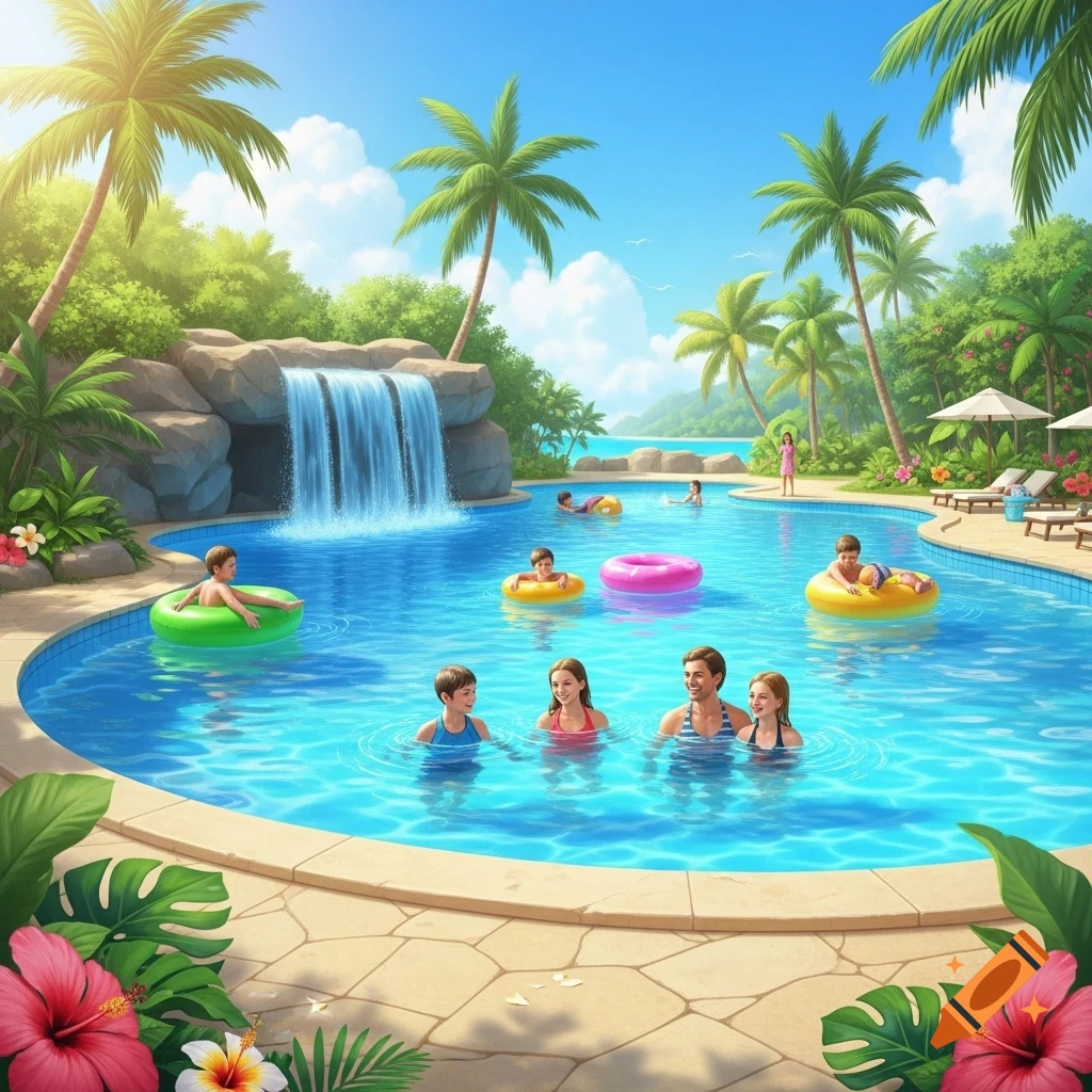 Vibrant illustration of a family and others enjoying a tropical swimming pool with a waterfall, palm trees, and ocean in the background.