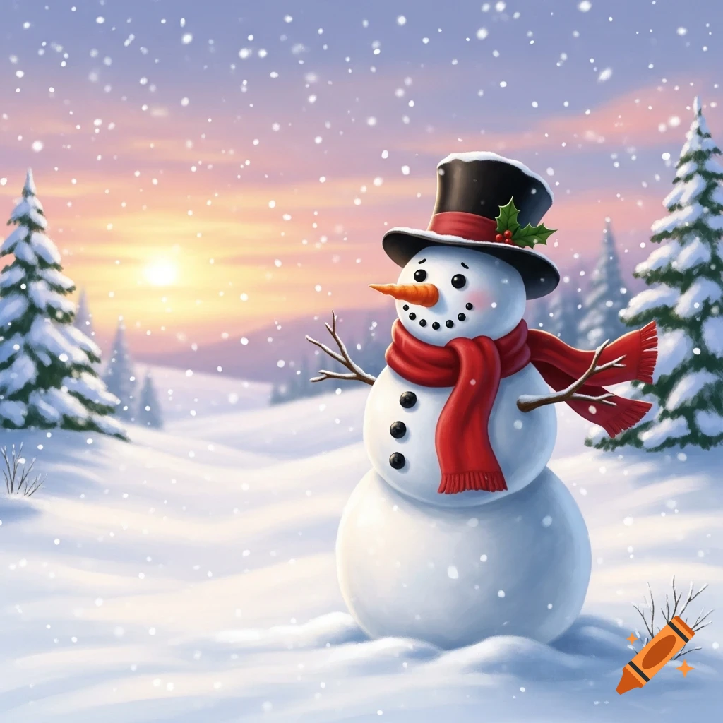 A happy snowman wearing a black top hat with holly and a red scarf, stands in a snowy field with pine trees under a sunset sky.