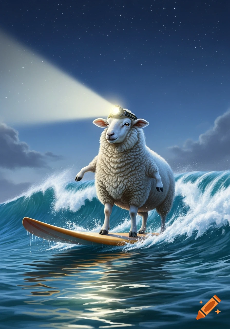 A whimsical sheep wearing a headlamp surfs on ocean waves under a starry night sky.