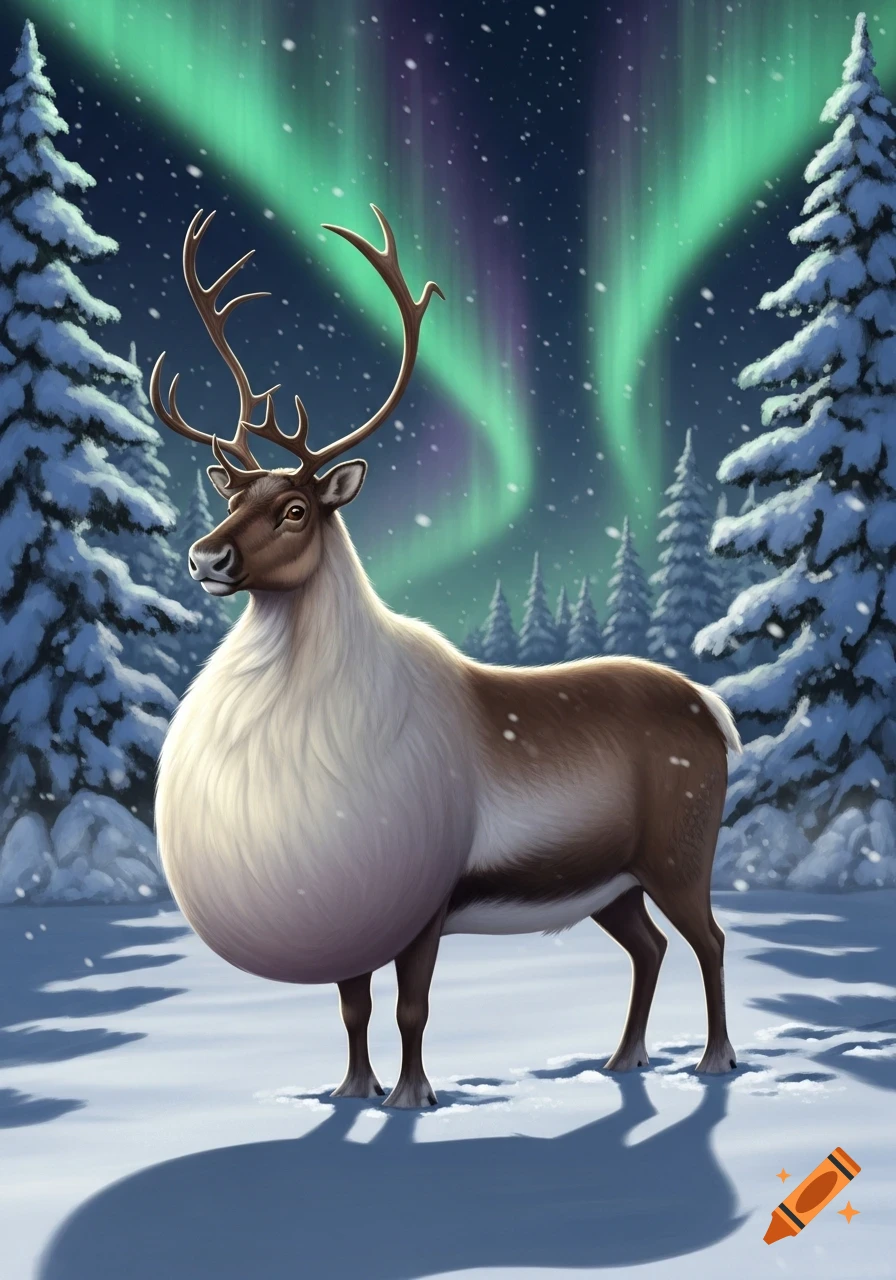 An illustrated reindeer with a huge belly stands in a snowy forest under a green and purple aurora borealis.