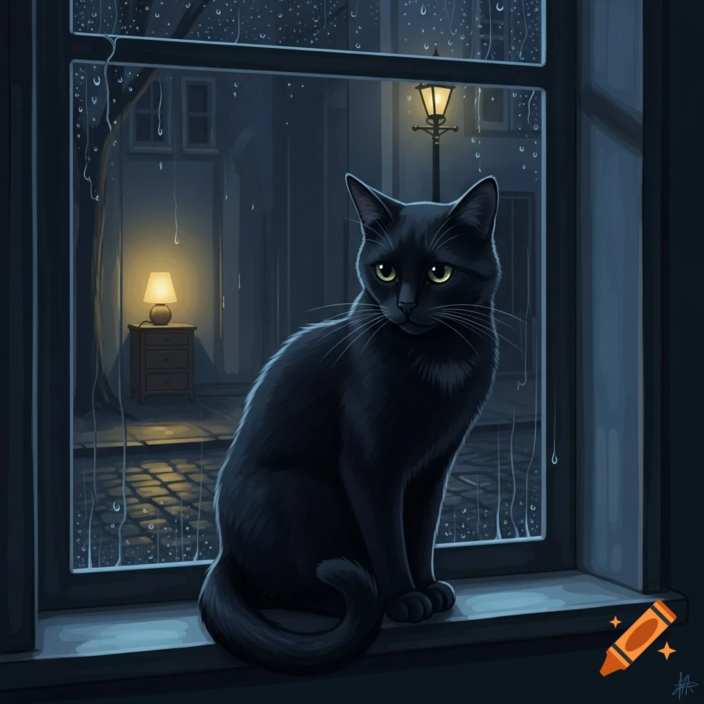 A black cat with green eyes sits on a window sill, looking out at a rainy street at night with a street lamp and building.