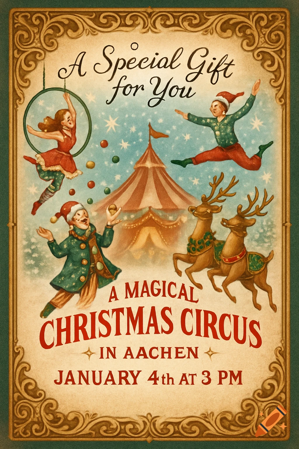 A vintage-style Christmas circus poster with an ornate frame, showing an acrobat on a hoop, two jesters, two reindeers, and a circus tent under falling snow.