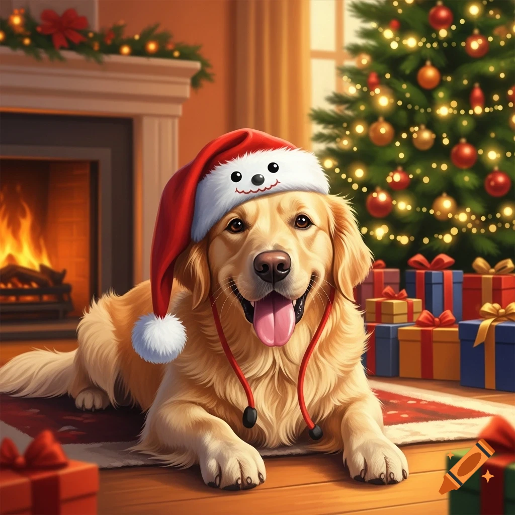 A golden retriever wearing a Santa hat, with its tongue slightly out, lies in front of a cozy fireplace and a decorated Christmas tree with gifts.