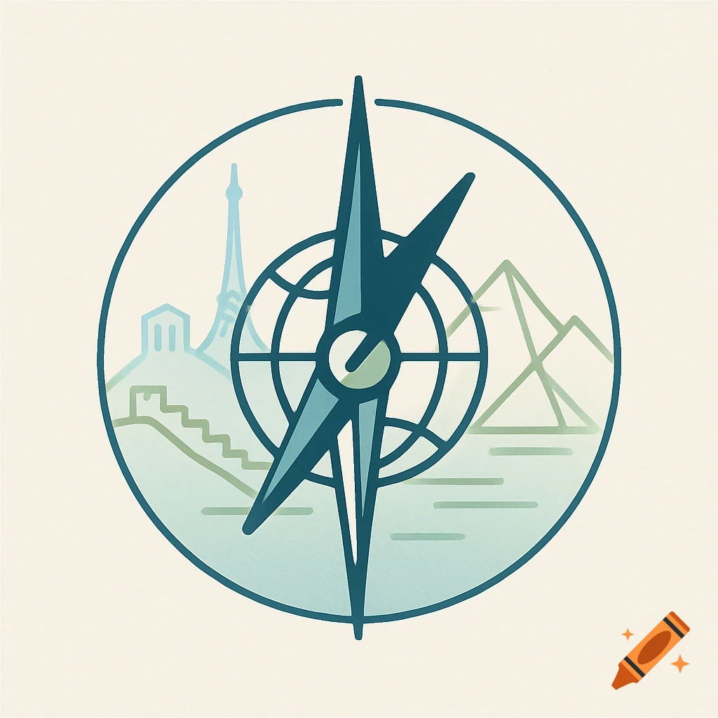 A stylized compass logo with a globe center, flanked by outlines of the Eiffel Tower, pyramids, and other landmarks.