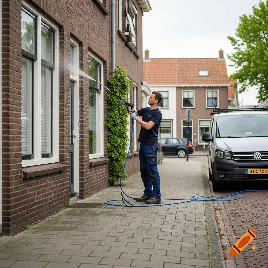 A man in work clothes power washes a brick building on a street with a van parked nearby, captured in a photorealistic style.