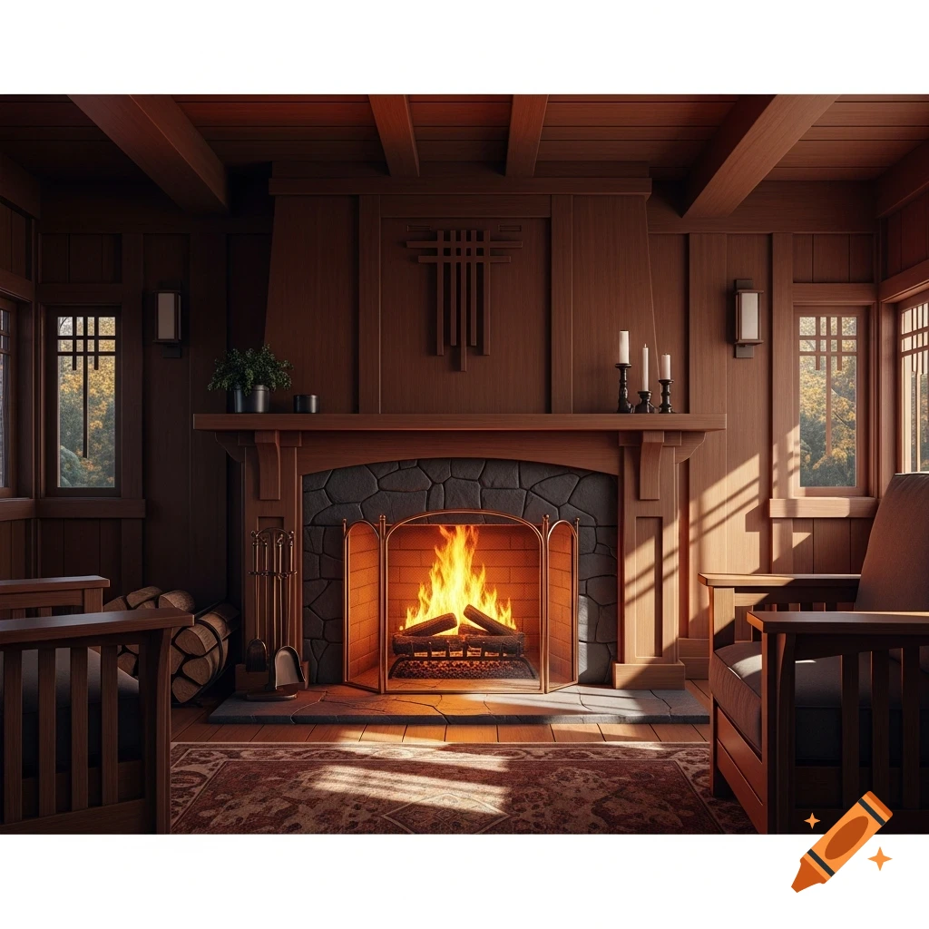 A cozy prairie style living room with a large stone and wood fireplace, warm fire, and wood paneling.