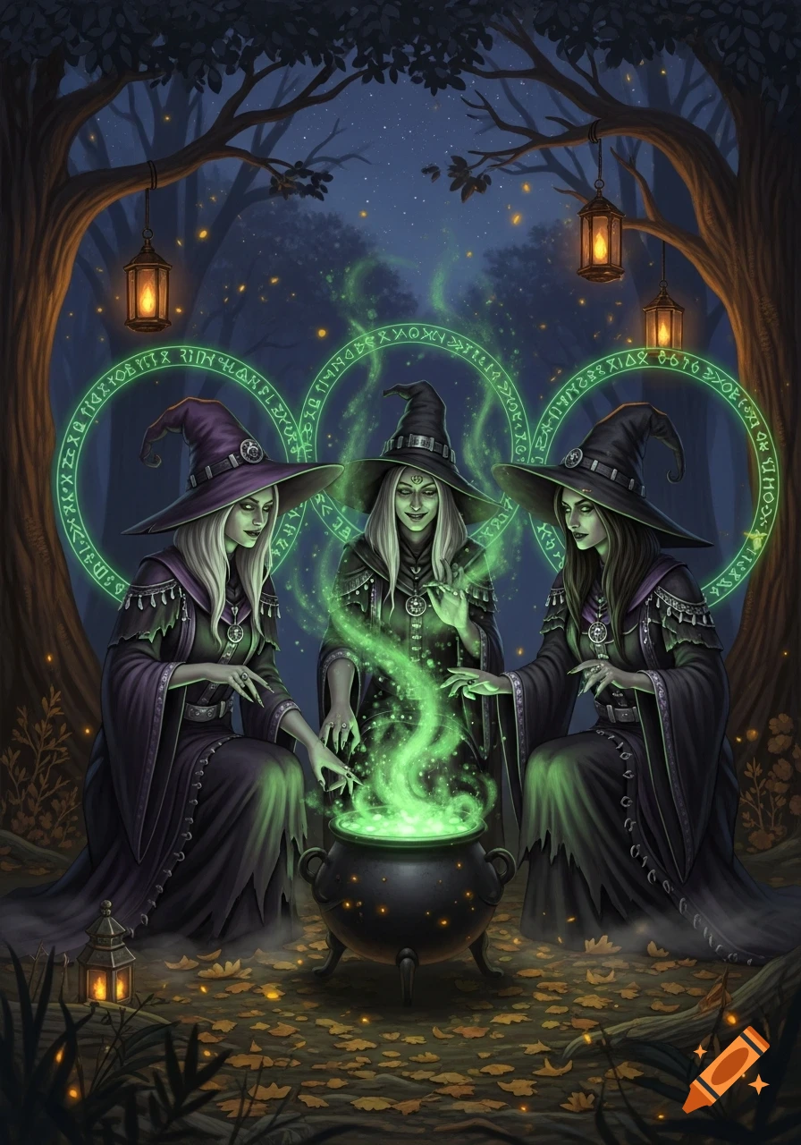 Three pale-skinned witches in dark robes and pointed hats cast a spell over a bubbling green cauldron in a dark, enchanted forest, surrounded by glowing runic symbols.