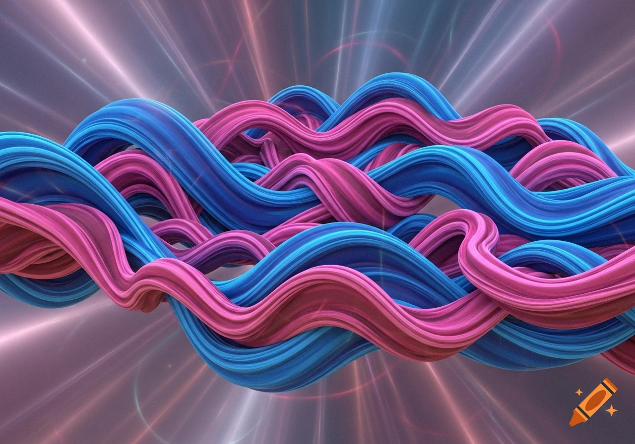 Dynamic abstract art with intertwined wavy ribbons in vibrant blue and pink against a glowing, streaked background.