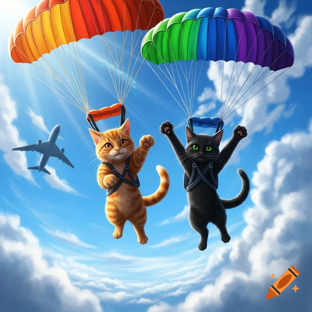 Two cartoon cats parachute from a plane under colorful parachutes against a blue sky with clouds.