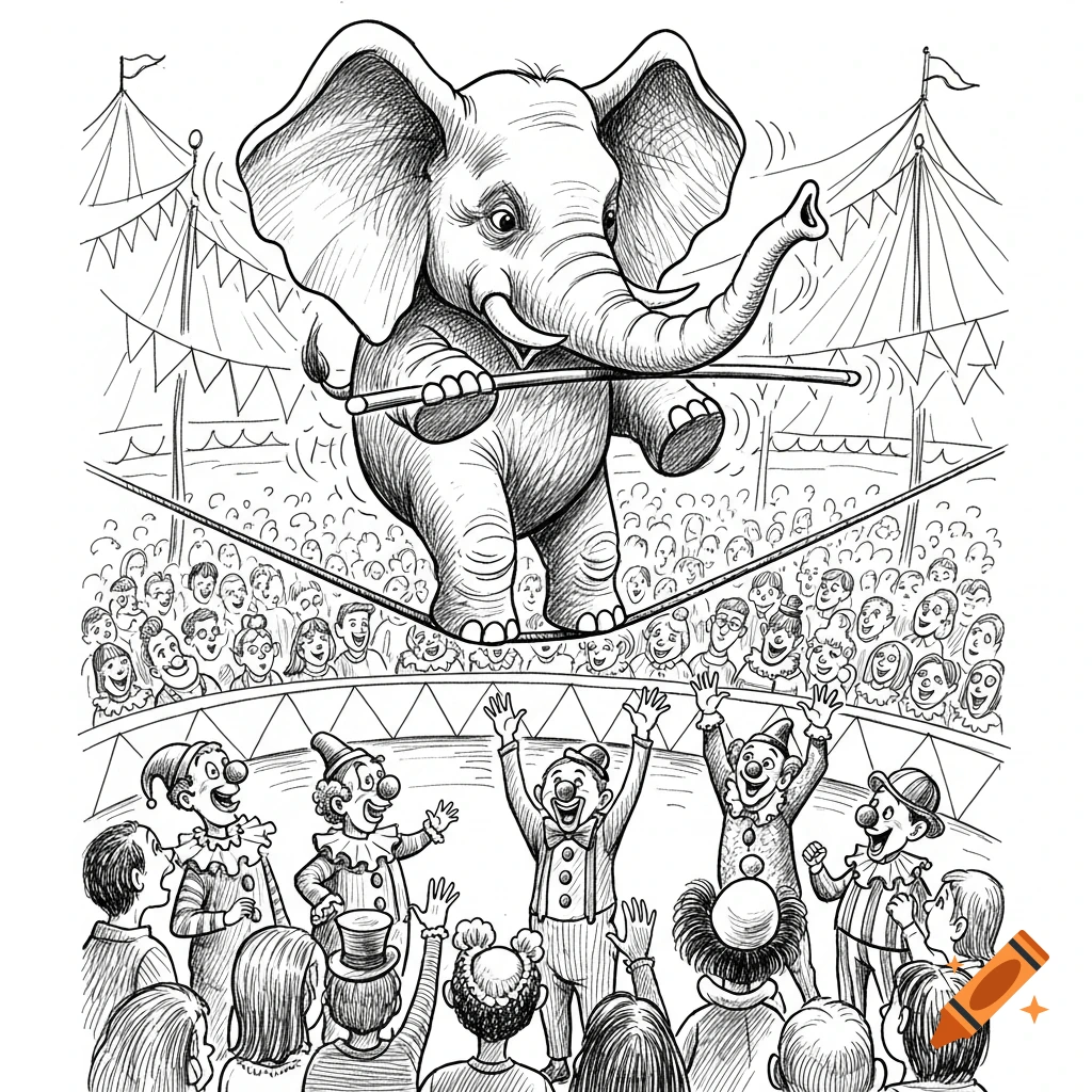 Black and white drawing of an elephant balancing on a tightrope above cheering clowns and a circus crowd.