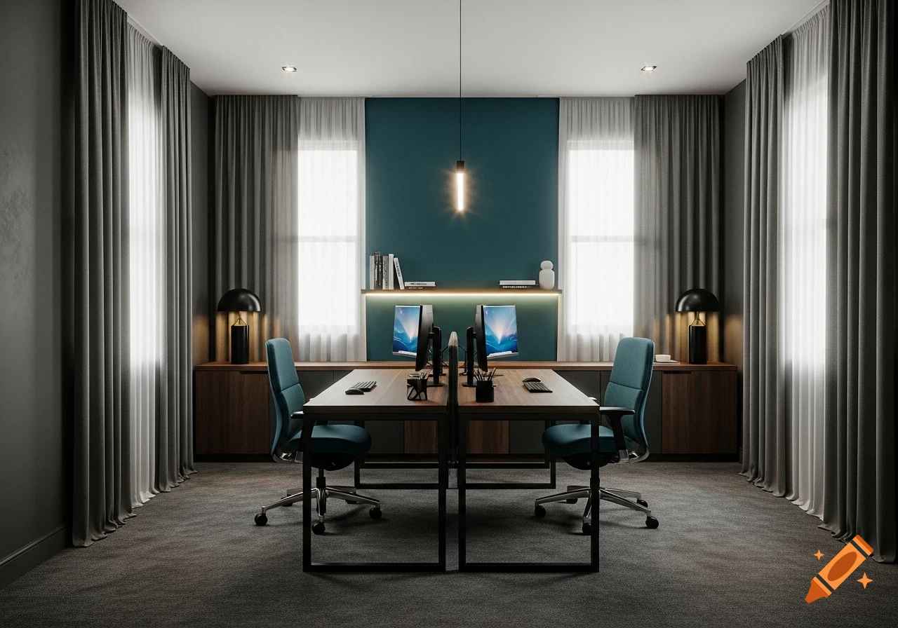 Photorealistic modern office with two dark wood desks, teal chairs, a dark teal accent wall, and grey curtains.