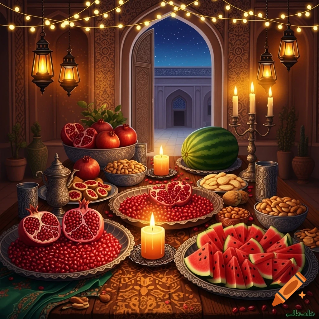 A festive Yalda night table adorned with pomegranates, watermelon, nuts, and lit candles, under string lights, with a starry night view.