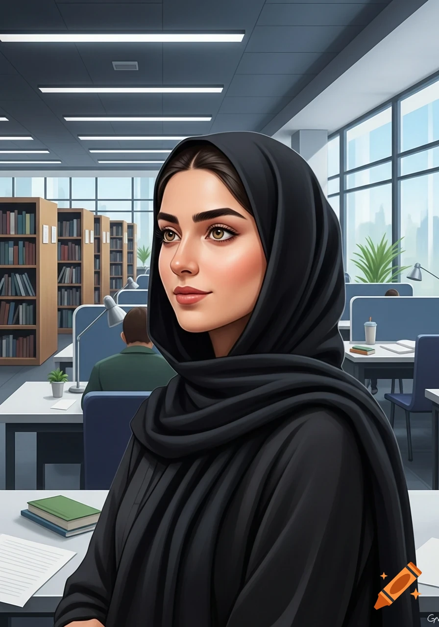 A stylized portrait of a young Iranian woman wearing a black hijab, looking left, in a university library.