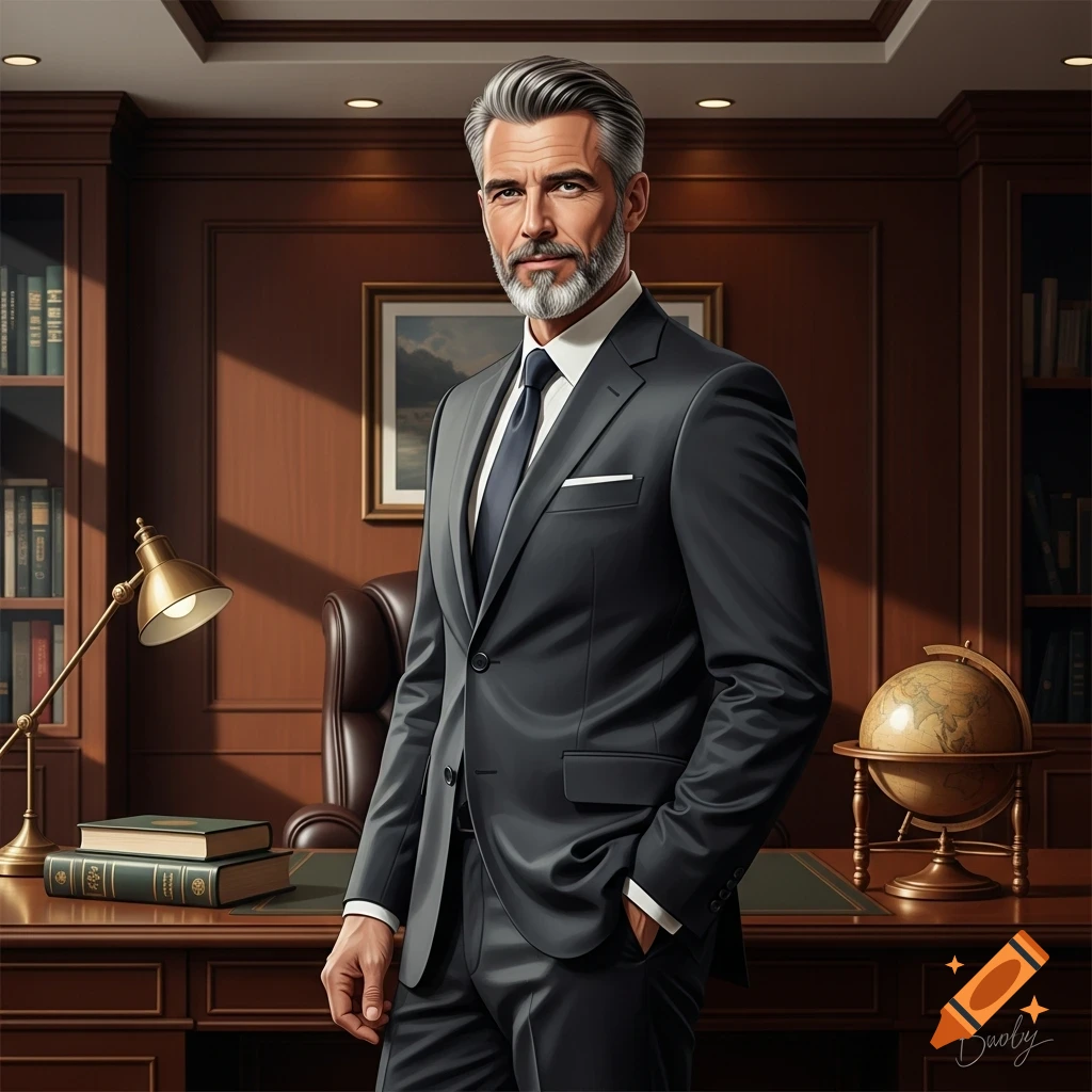 A distinguished older man with a grey beard and dark suit stands in a luxurious wood-paneled office.