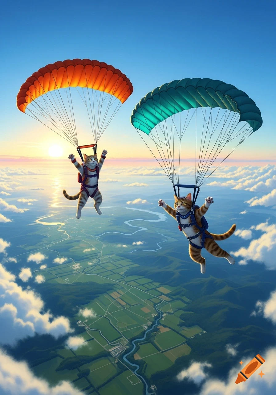 Two cartoon cats parachute with colorful parachutes over a green landscape with a sunset horizon.