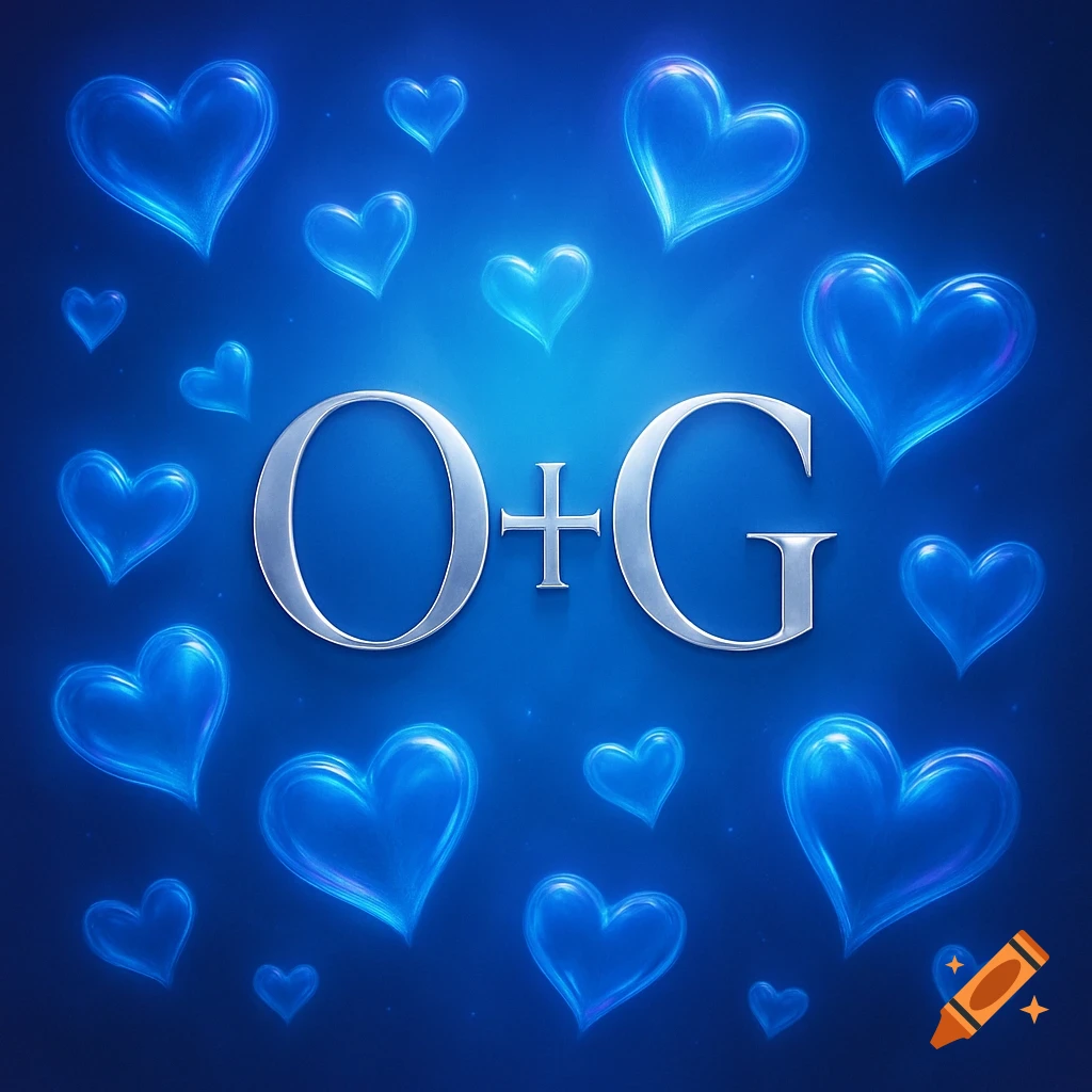 Silver letters O+G centered on a blue background, surrounded by many glowing blue hearts.