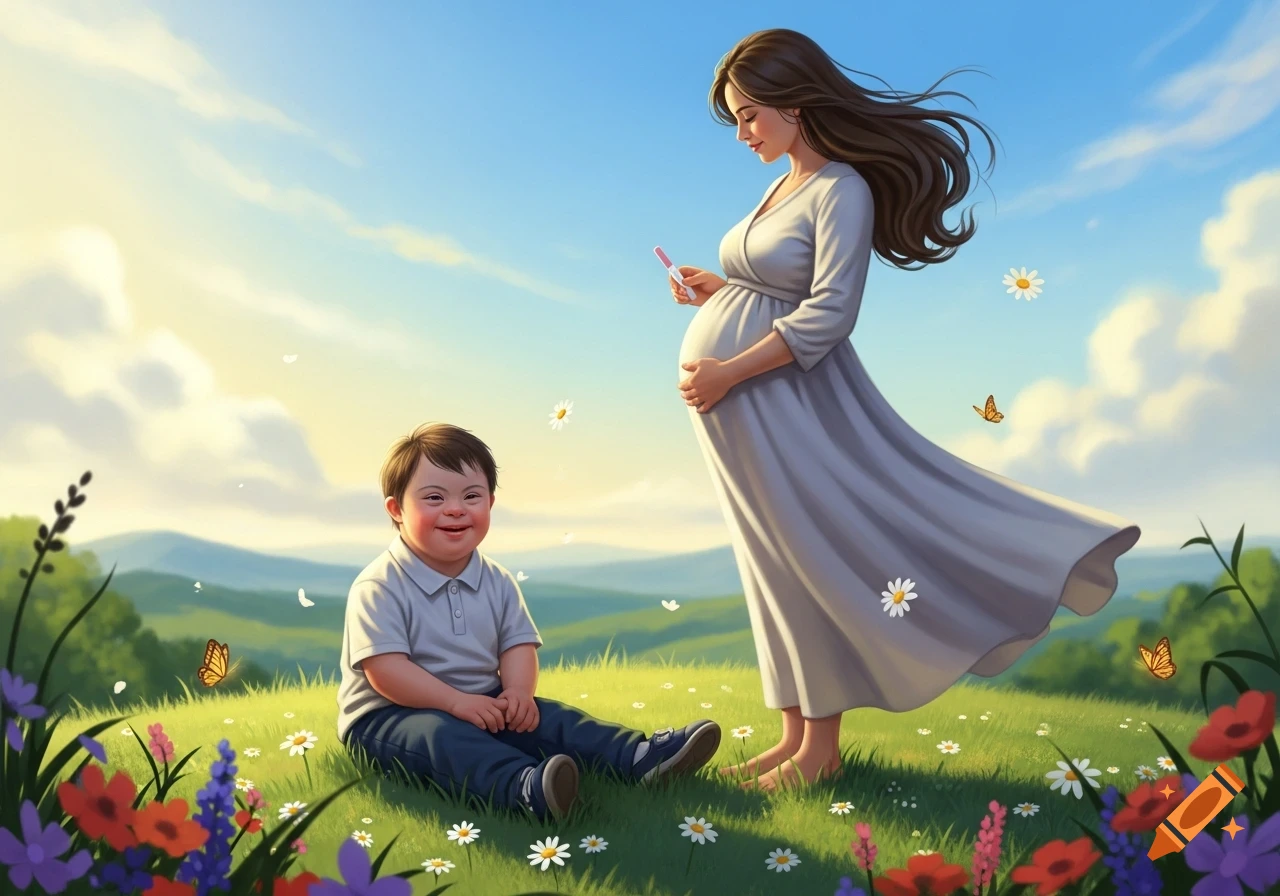 An illustration of a pregnant woman holding a pregnancy test, looking at a smiling child with Down syndrome in a field of flowers.