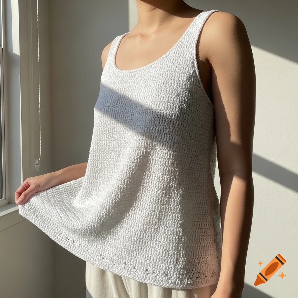 Person in a white crocheted tank top standing by a window, with sunlight casting shadows on a white wall.