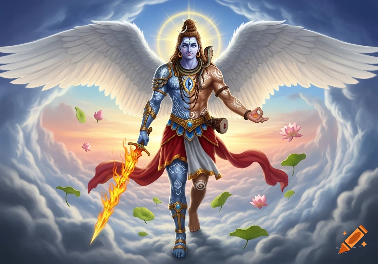 A winged, blue and brown-skinned deity with a third eye, holding a flaming sword and walking on clouds amidst a sunset sky.