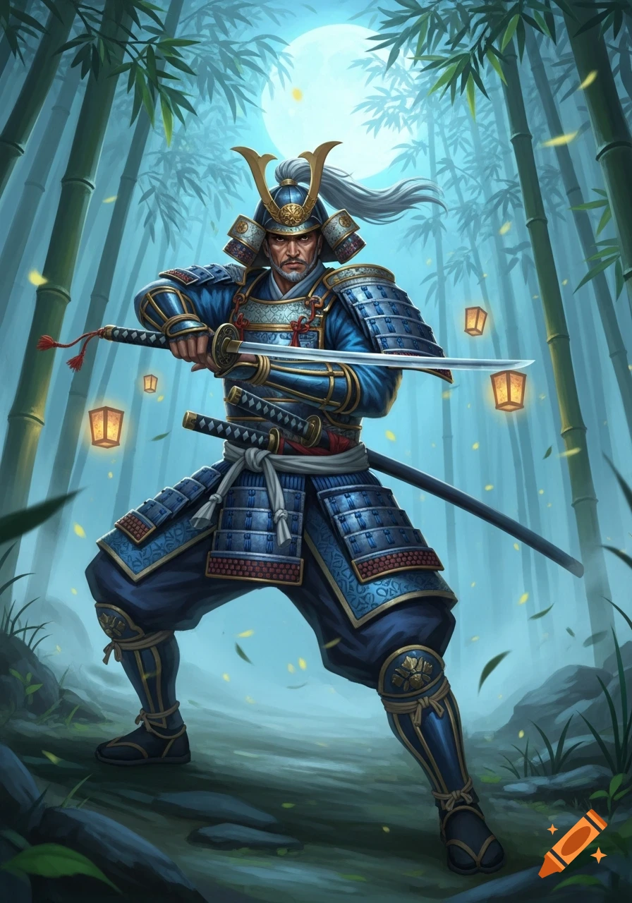 A samurai in elaborate blue and gold armor with a helmet and white ponytail stands in a moonlit bamboo forest, holding a katana sword. Floating lanterns illuminate the misty scene.