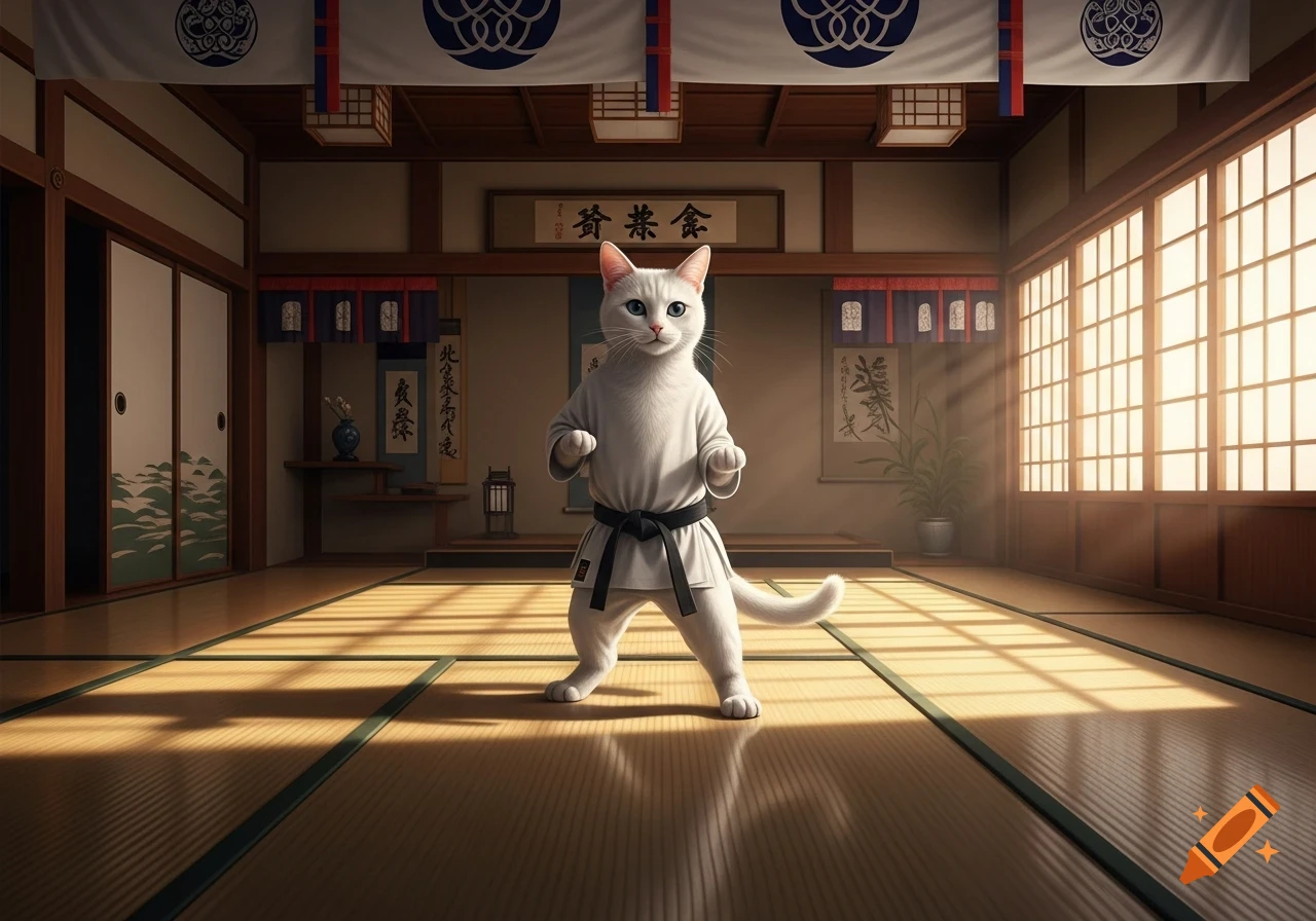 A white cat wearing a black belt and white karate gi stands in a dojo with traditional Japanese decor.