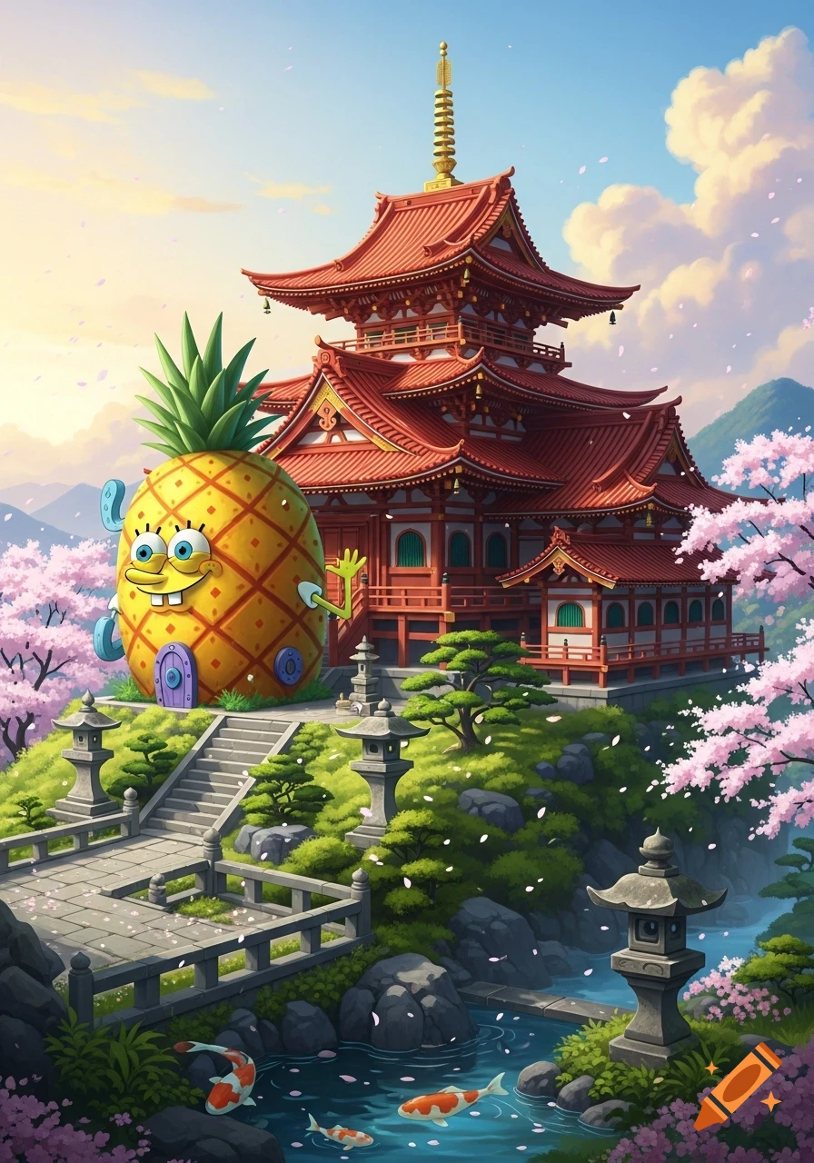 Spongebob's pineapple house next to a red Japanese temple in a vibrant landscape with cherry blossoms, a koi pond, and stone lanterns.
