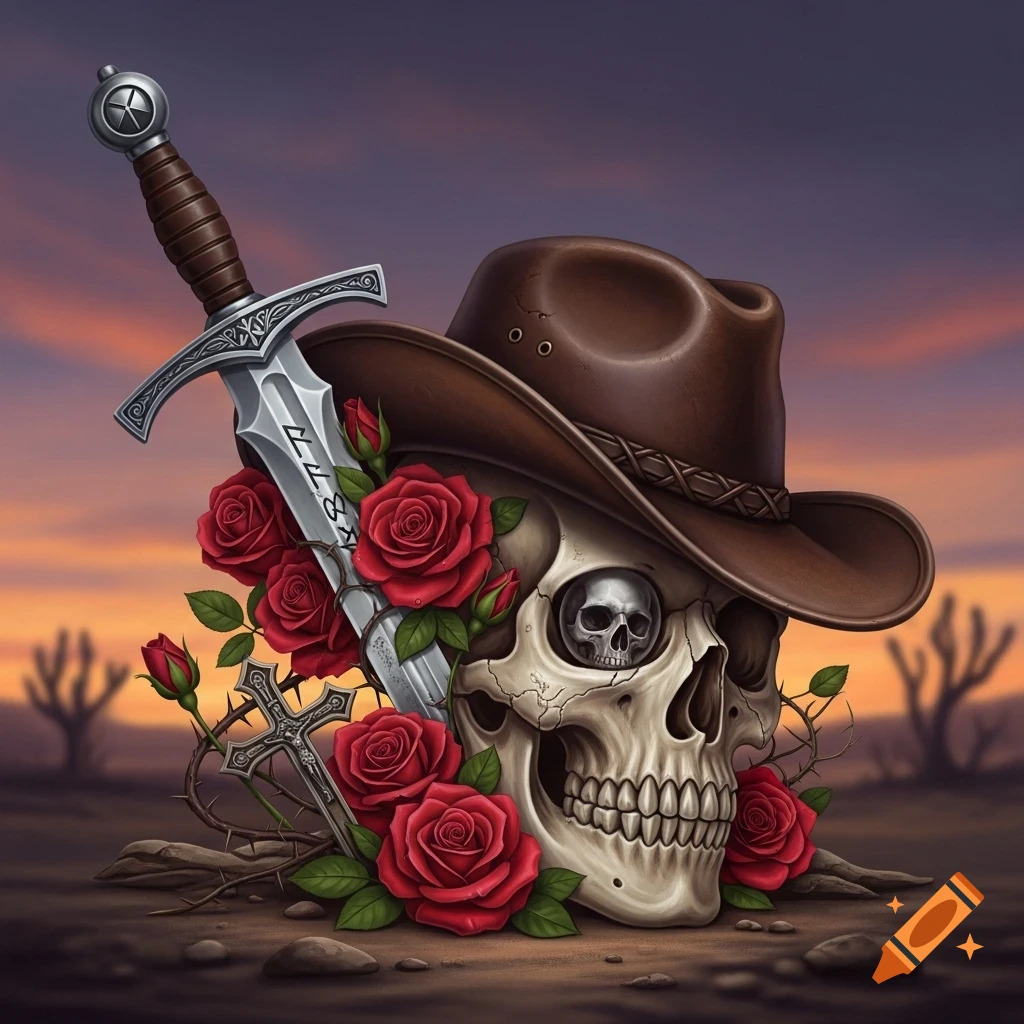 A skull wearing a cowboy hat, entwined with red roses and thorns, with a sword piercing through it, set in a desert at sunset.