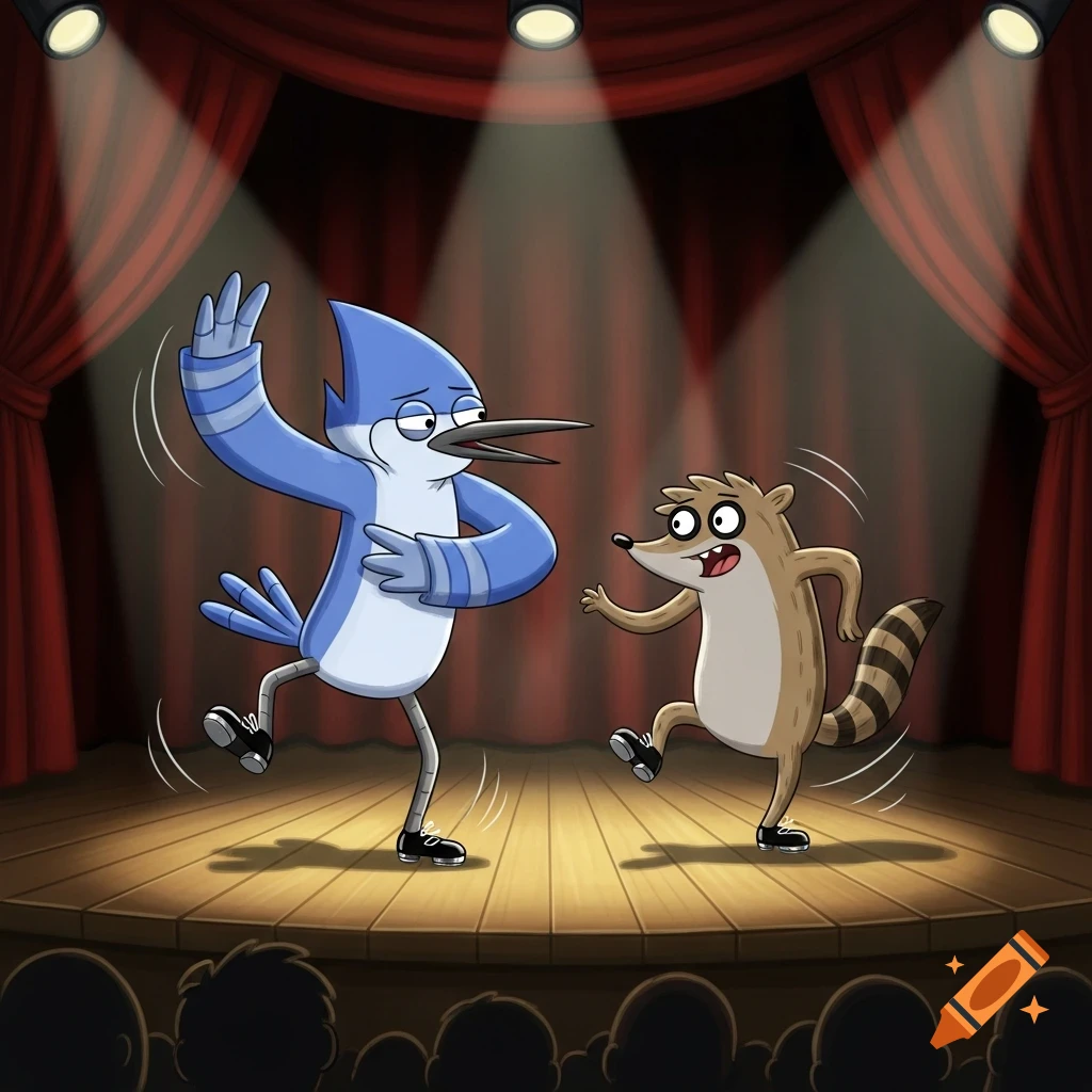 Mordecai and Rigby from Regular Show tap dancing on a spotlighted stage with red curtains.
