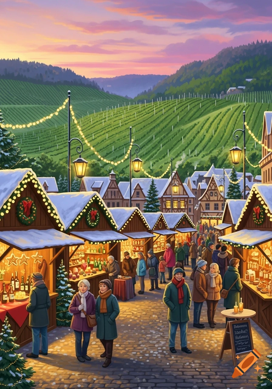 A vibrant, illustrative scene of a bustling Christmas market at dusk, with snow-dusted stalls, string lights, and people browsing.