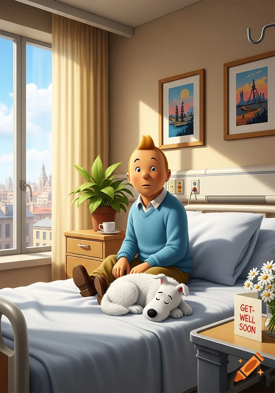 Tintin sits on a hospital bed with Snowy sleeping beside him, a get-well card and daisies nearby, city view out the window.