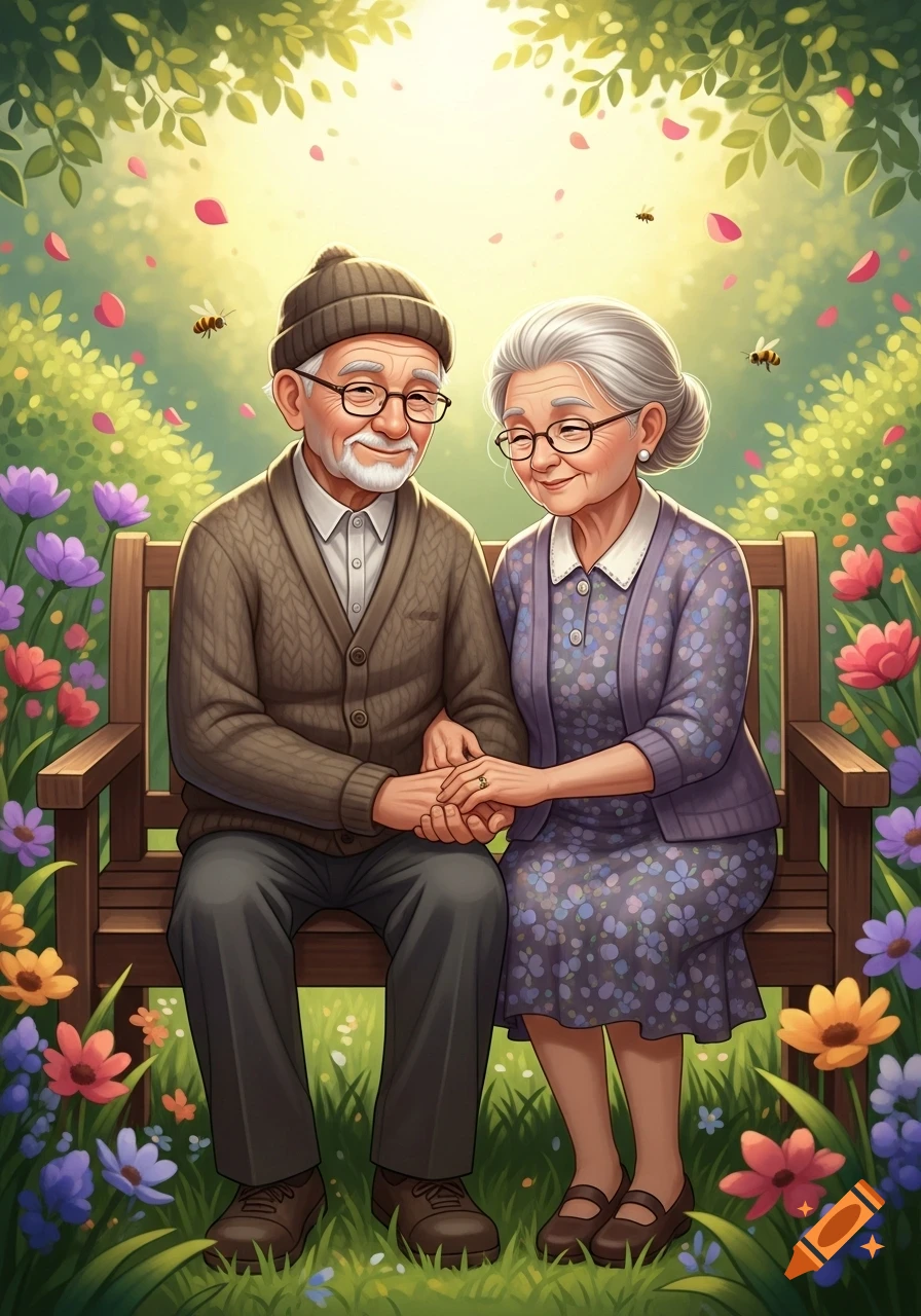 Stylized illustration of an elderly couple holding hands on a park bench amidst colorful flowers, falling petals, and bees.